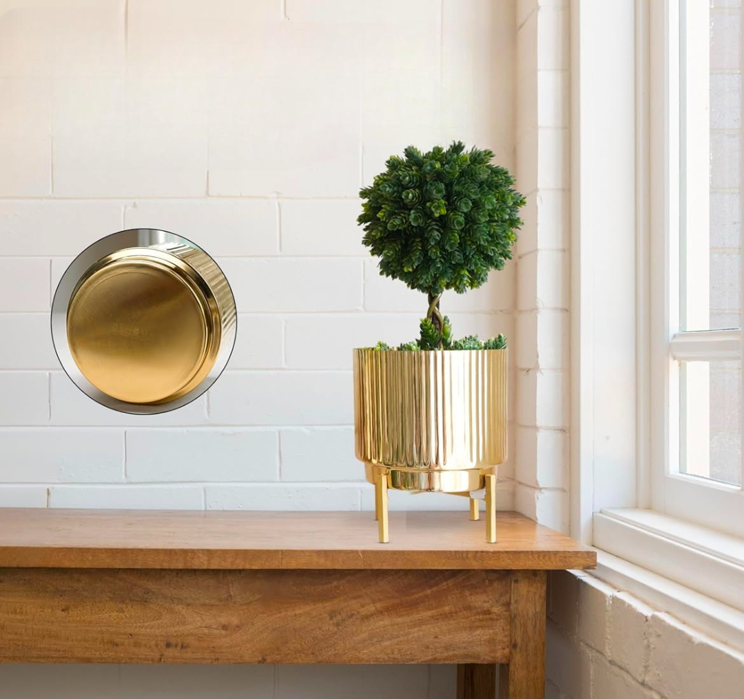 Glossy Gold Ribbed Planter with Stand AH-127 Moradabad